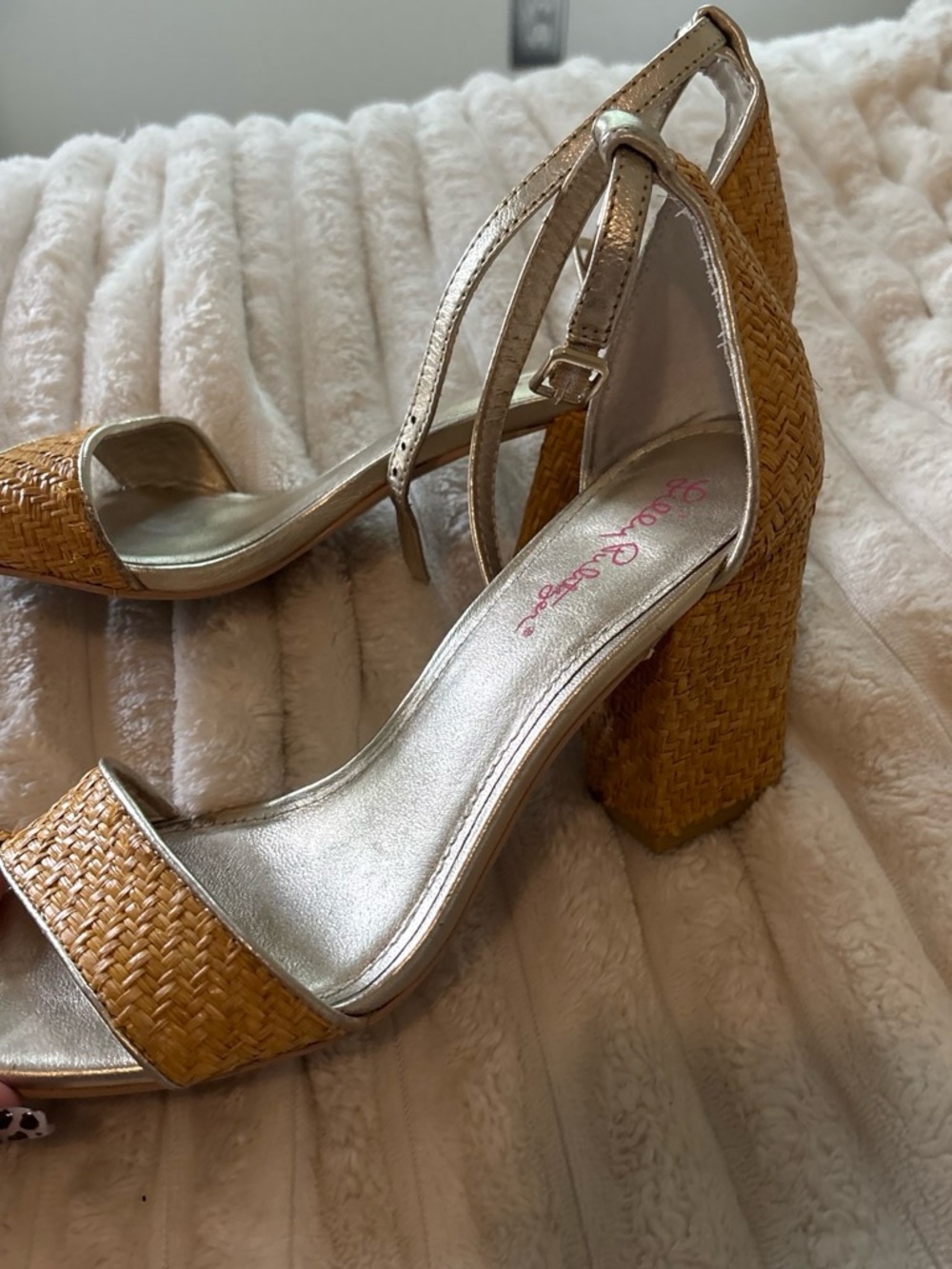 Lilly Pulitzer Metallic Strap Woven Tan Block Heel Sandals